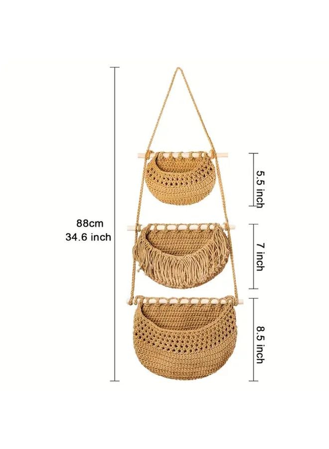 Jute Hanging Basket 3 Tier Over The Door Organizer Wall Storage For Kitchen Pantry - Image 2